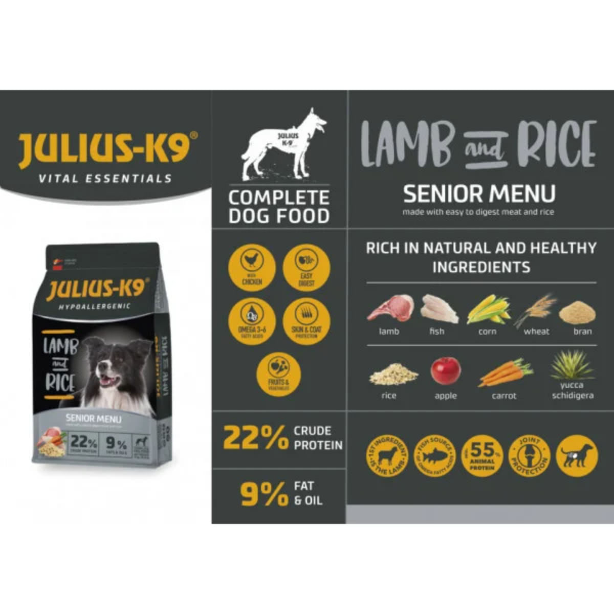 JULIUS-K9 Hypoallergenic Senior Menu, XS-XL, Miel și Orez, hrană uscată câini senior, alergii, 12kg - 2 | YEO