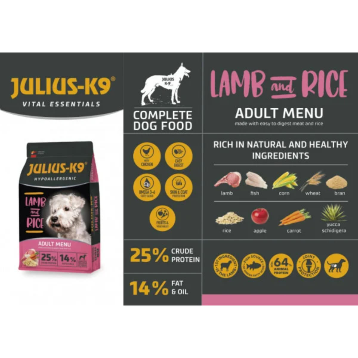 JULIUS-K9 Hypoallergenic Adult Menu, XS-XL, Miel și Orez, hrană uscată câini, alergii, 12kg