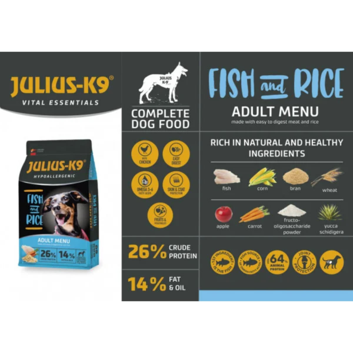 JULIUS-K9 Hypoallergenic Adult Menu, XS-XL, Pește și Orez, hrană uscată câini, alergii, 12kg - 2 | YEO