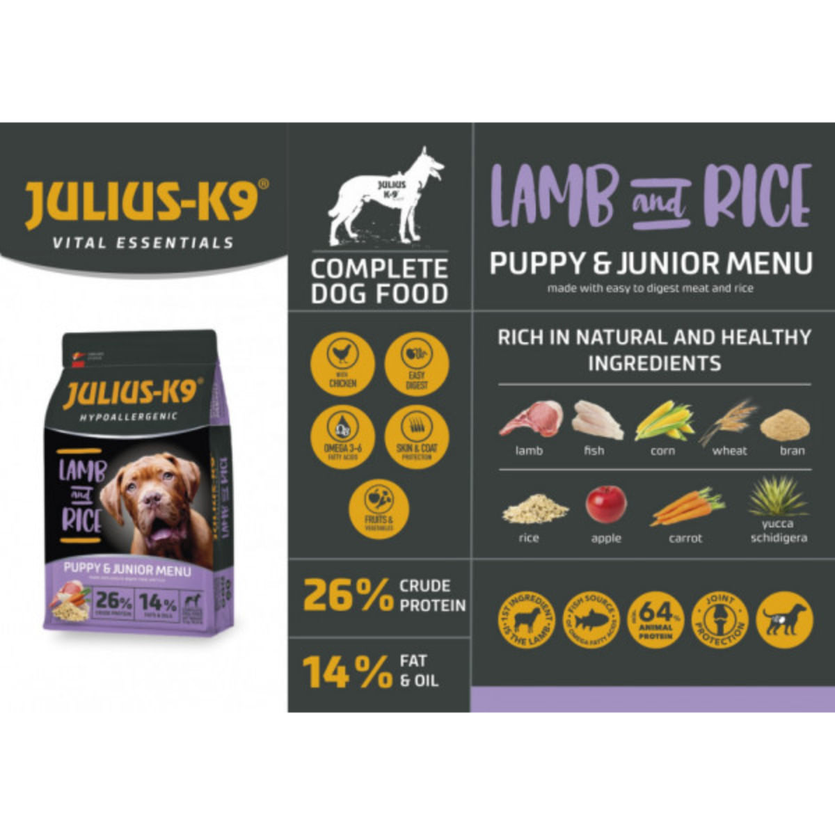 JULIUS-K9 Hypoallergenic Puppy&Junior Menu, XS-XL, Miel și Orez, hrană uscată câini junior, alergii, 12kg - 2 | YEO