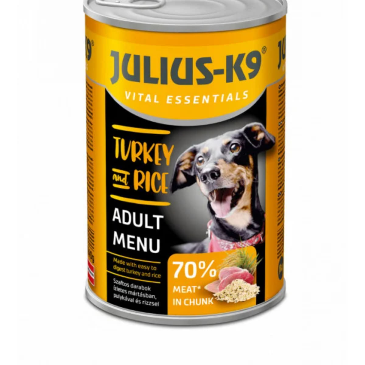 JULIUS-K9 Adult Menu, XS-XL, Curcan și Orez, conservă hrană umedă câini, (în sos), 1240g