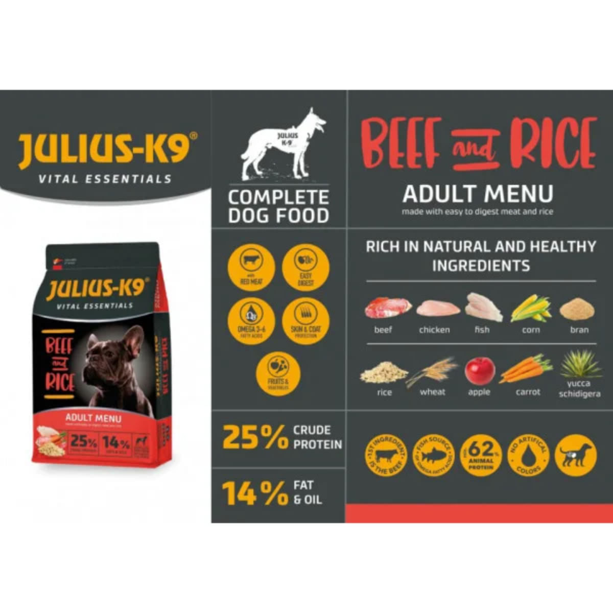 JULIUS-K9 Hypoallergenic Adult Menu, XS-XL, Vită și Orez, hrană uscată câini, alergii, 12kg