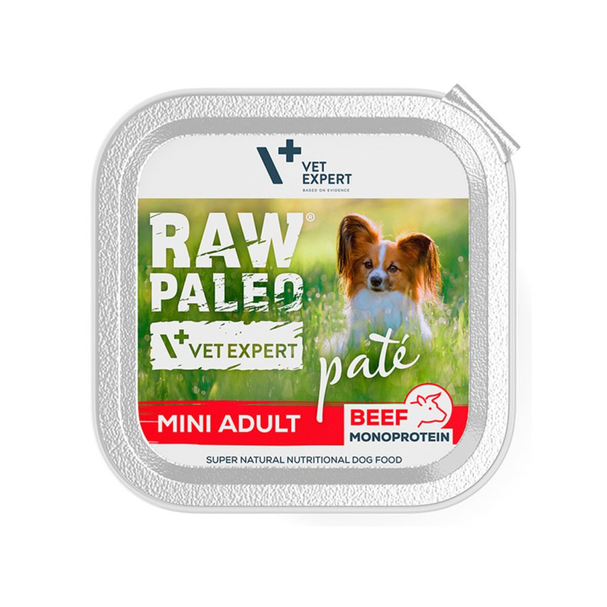 RAW PALEO Mini Adult, XS-S, Vită, tăviță hrană umedă monoproteică fără cereale câini, alergii, (pate), 150g