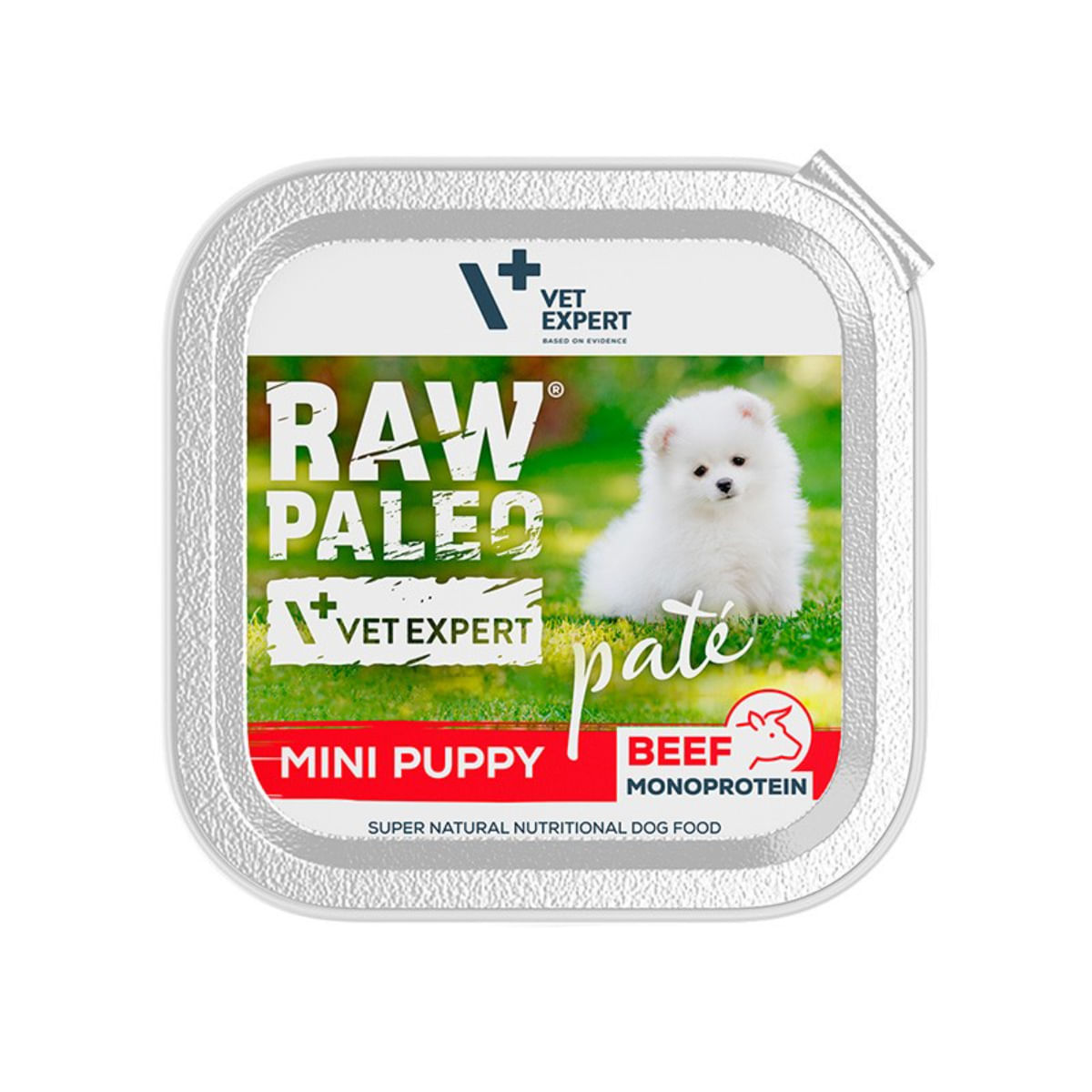 RAW PALEO Mini Puppy, XS-S, Vită, tăviță hrană umedă monoproteică fără cereale câini junior, alergii, (pate), 150g