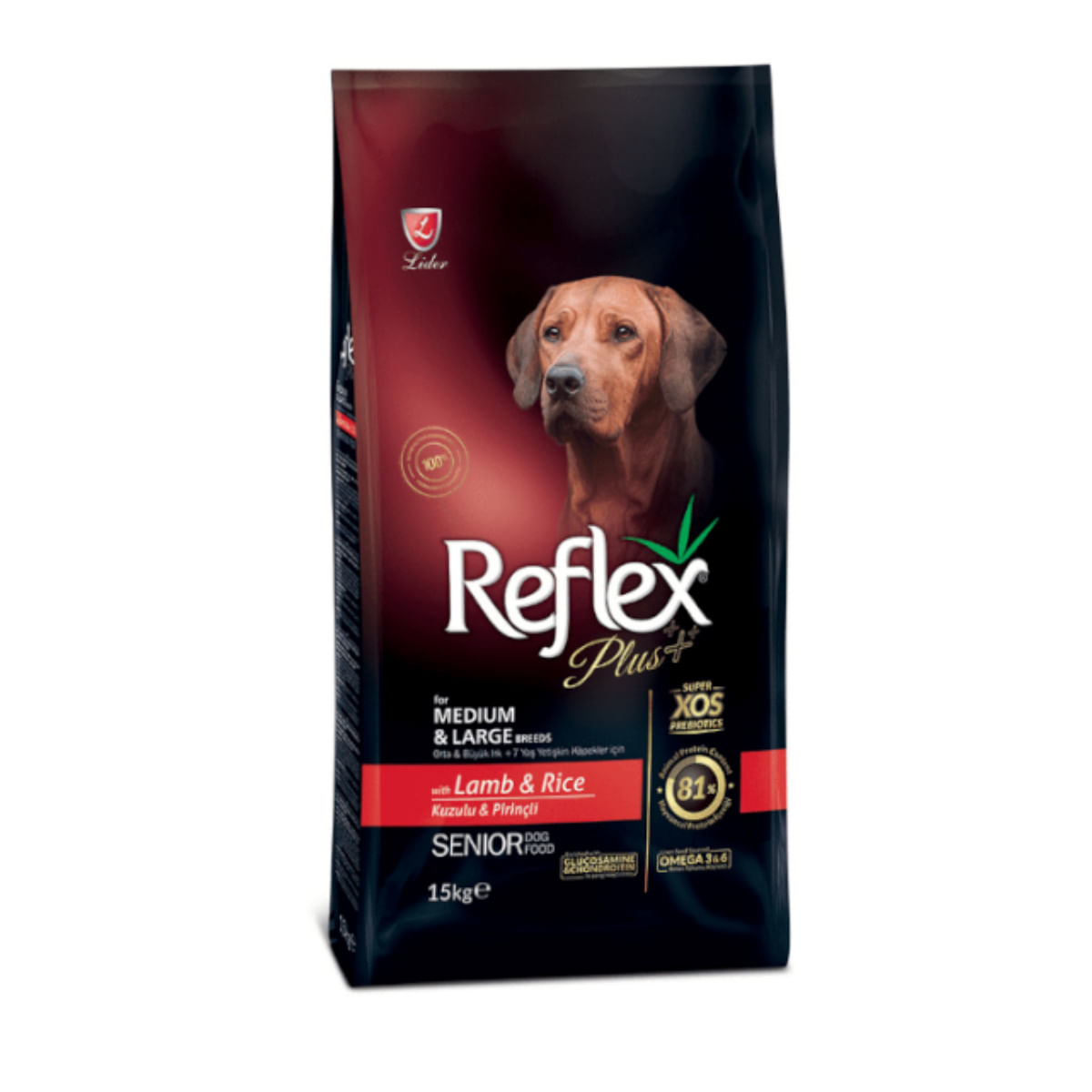 REFLEX Plus Senior Medium & Large Breeds, M-L, Miel și Orez, hrană uscată câini senior, 15kg