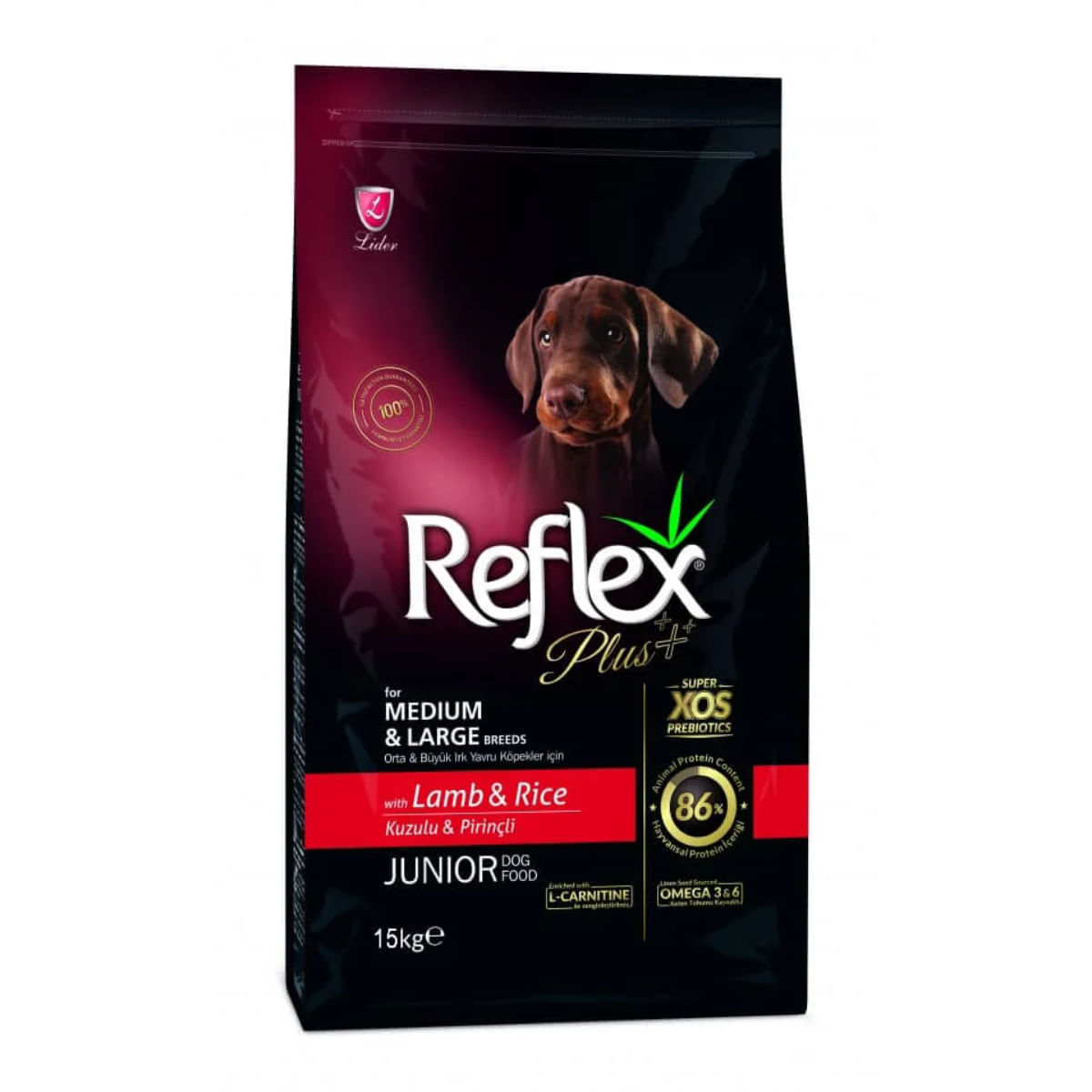 REFLEX Plus Junior, XS-XL, Miel și Orez, hrană uscată câini junior, 15kg