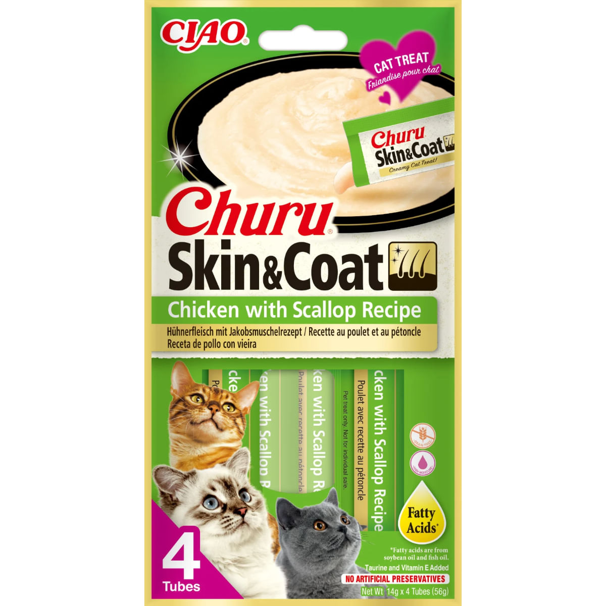 INABA Churu Skin & Coat, Pui și Scoici, plic, tub recompense fără cereale pisici, piele & blană, (piure), 56g