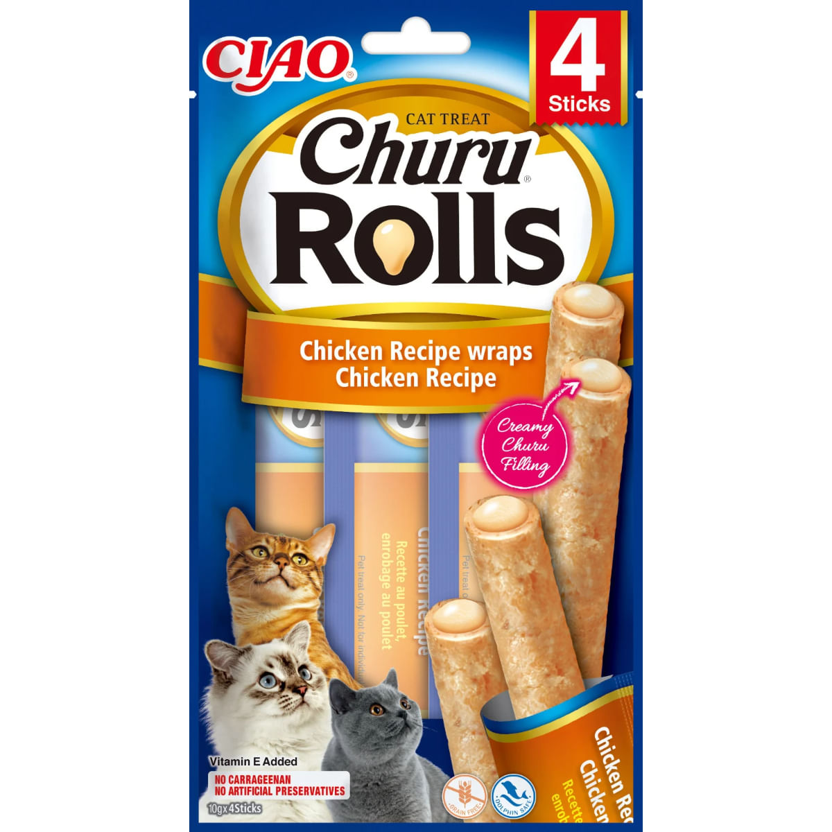 INABA Churu Rolls, Pui și Ton, plic, tub recompense fără cereale pisici, 40g - 1 | YEO