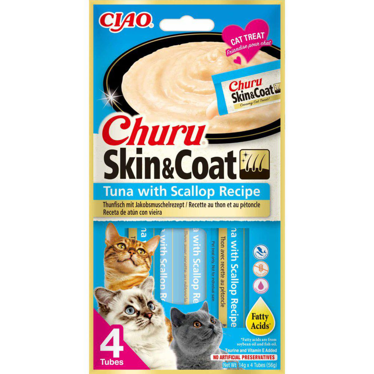 INABA Churu Skin & Coat, Ton și Scoici, plic, tub recompense fără cereale pisici, piele & blană, (piure), 56g
