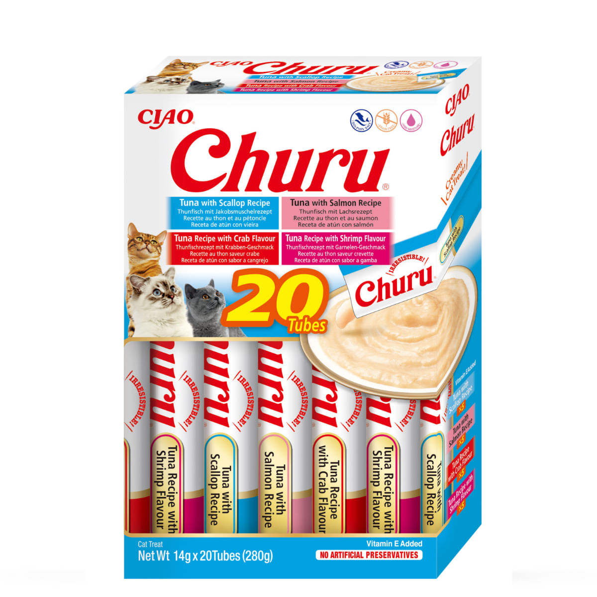 INABA Churu Varieties, Ton și Fructe de Mare, cutie, tub recompense fără cereale pisici, (piure), 280g