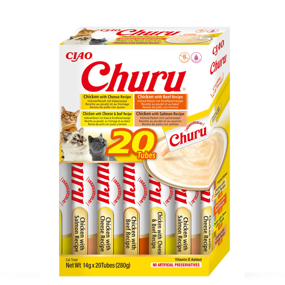 INABA Churu Varieties, Pui și Vită, cutie, tub recompense fără cereale pisici, (piure), 280g - 1 | YEO