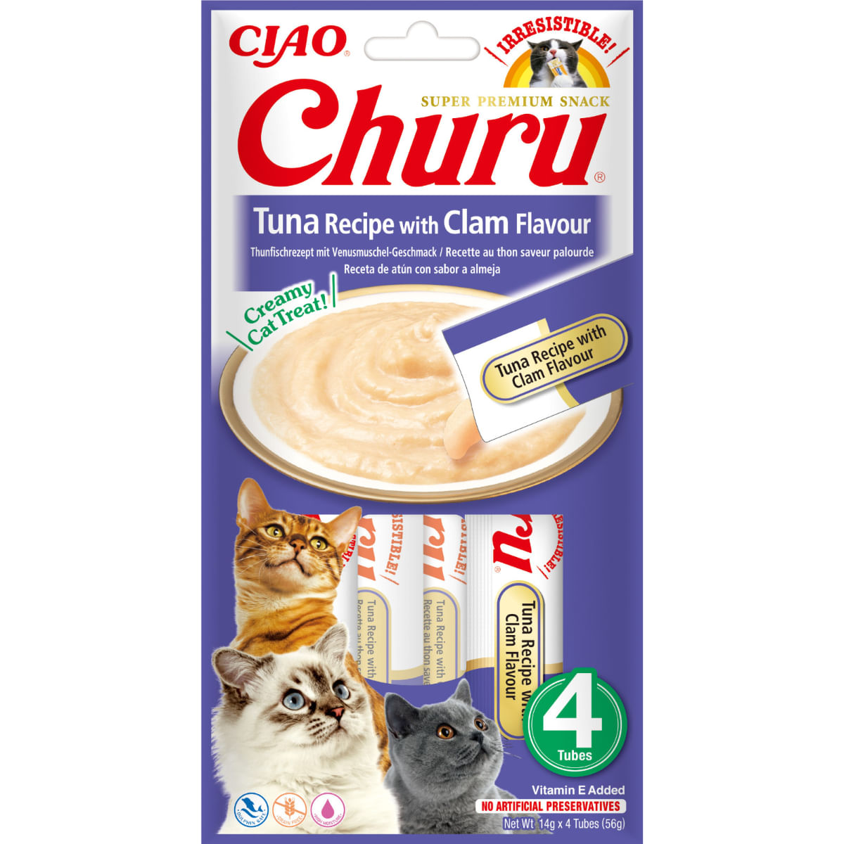 INABA Churu, Ton și Scoici, plic, tub recompense fără cereale pisici, (piure), 56g