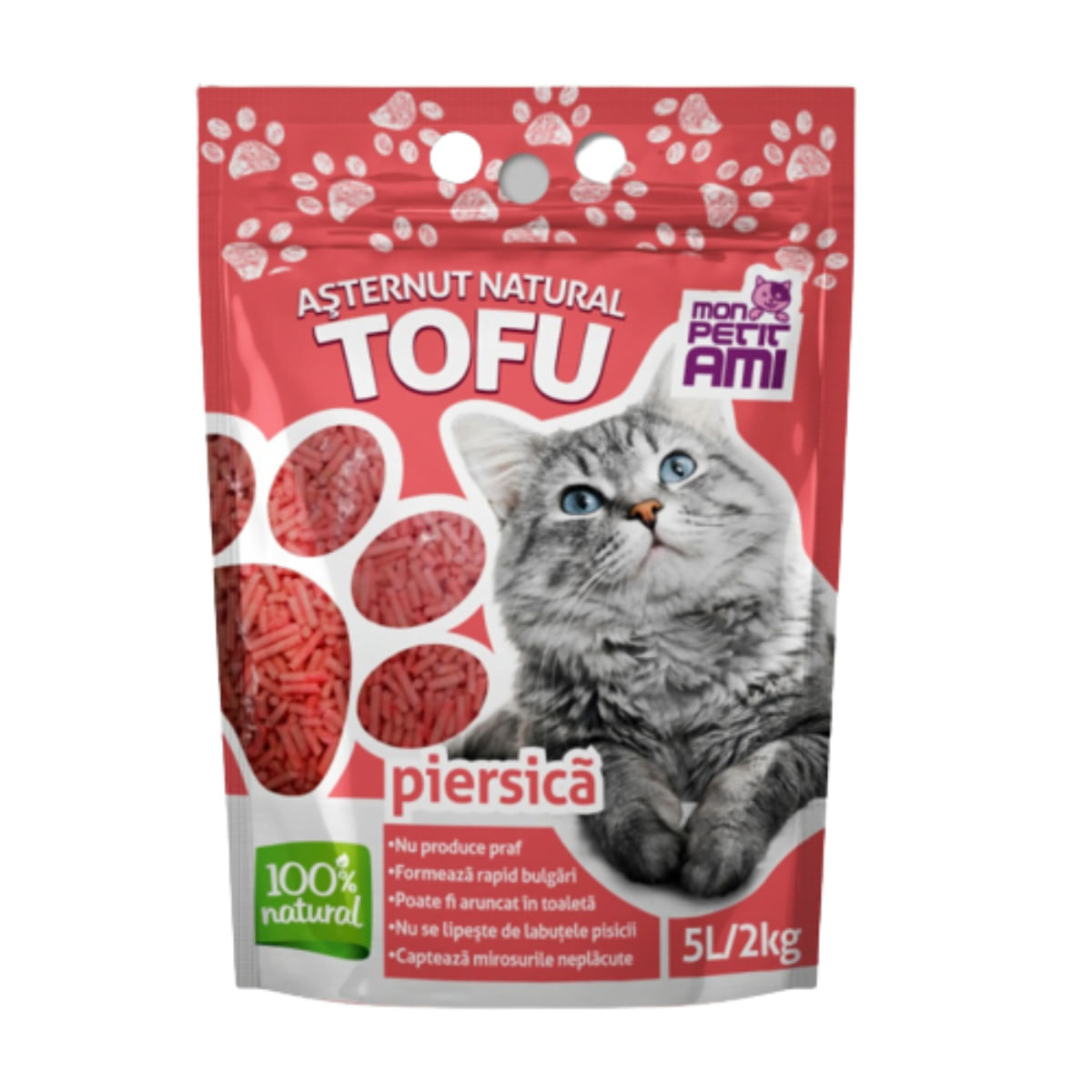 MON PETIT AMI Tofu, Piersici, așternut igienic pisici, peleți, tofu, aglomerant, neutralizare mirosuri, biodegradabil, 5l