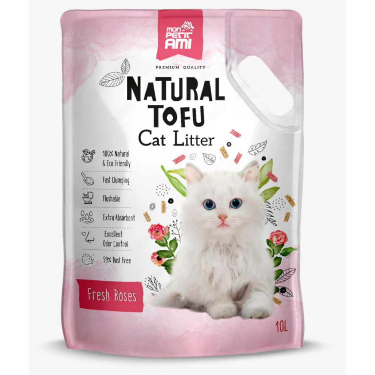 MON PETIT AMI Natural Tofu, Trandafir, așternut igienic pisici, peleți, tofu, aglomerant, ecologic, biodegradabil, 10l - 1 | YEO