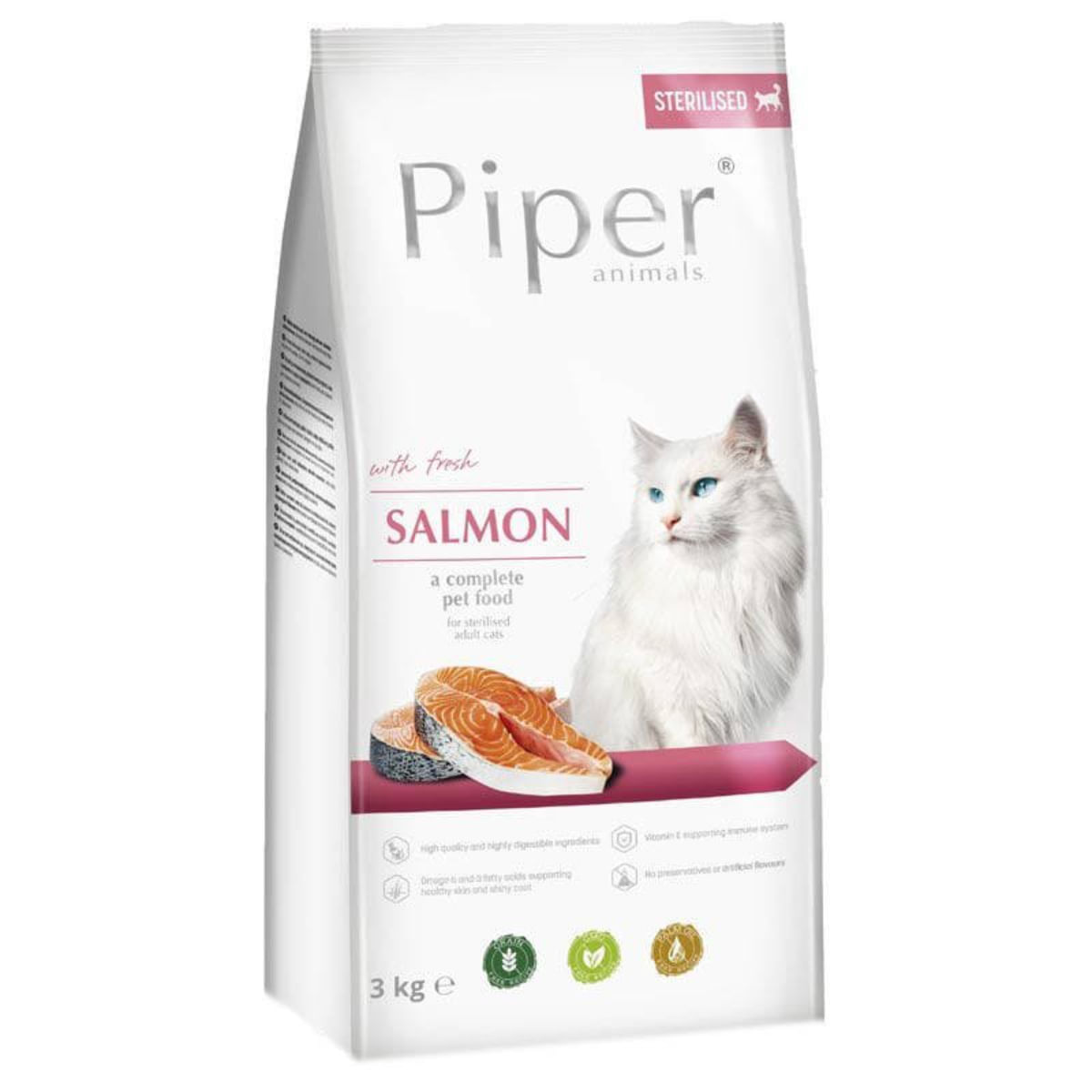 PIPER Animals Sterilised, Somon, hrană uscată fără cereale pisici sterilizate, 3kg