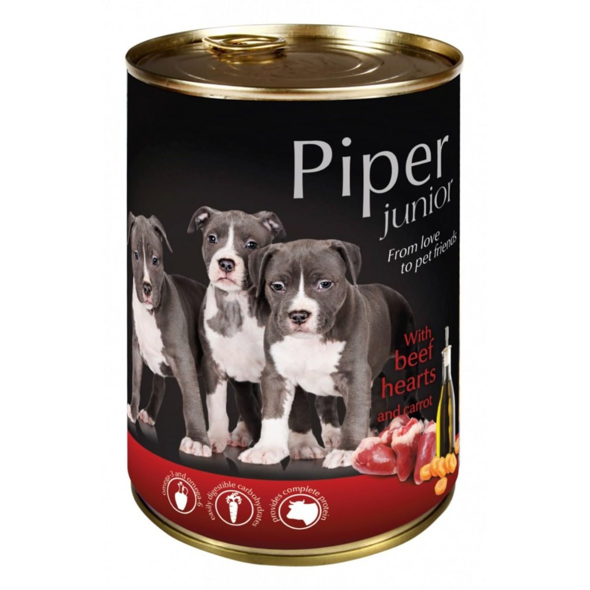 PIPER Junior, XS-XL, Inimă de Vită și Morcov, conservă hrană umedă fără cereale câini junior, (în aspic), 400g