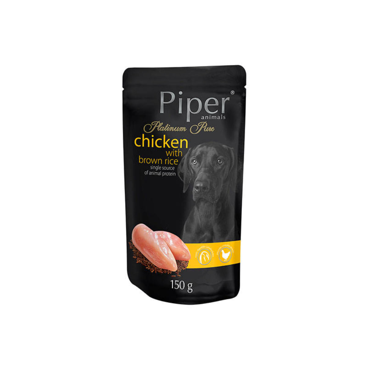 PIPER Pure Platinum, XS-XL, Pui și orez brun, plic hrană umedă monoproteică câini, (în aspic), 150g