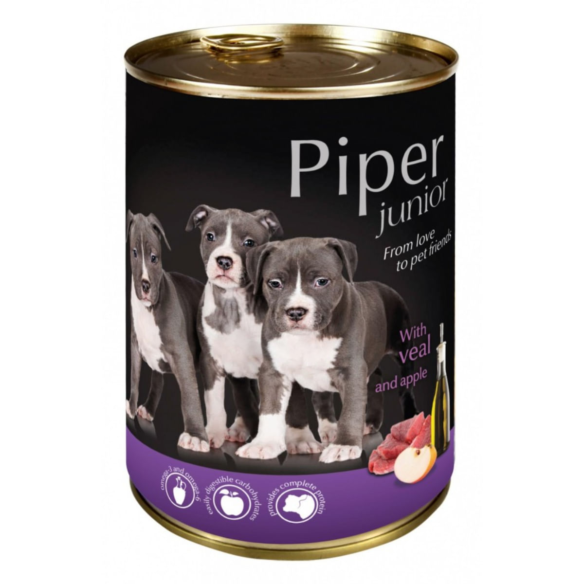 PIPER Junior, XS-XL, Vițel și Măr, conservă hrană umedă fără cereale câini junior, (în aspic), 400g