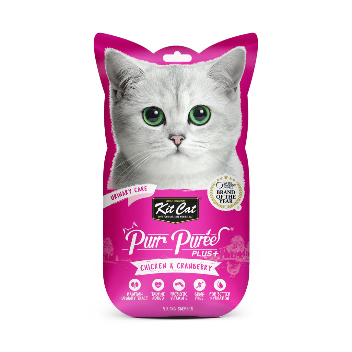 KIT CAT Purr Puree Plus Urinary Care, Pui, plic, punguță recompense funcționale fără cereale pisici, sistem urinar, (piure), 15g x 4buc