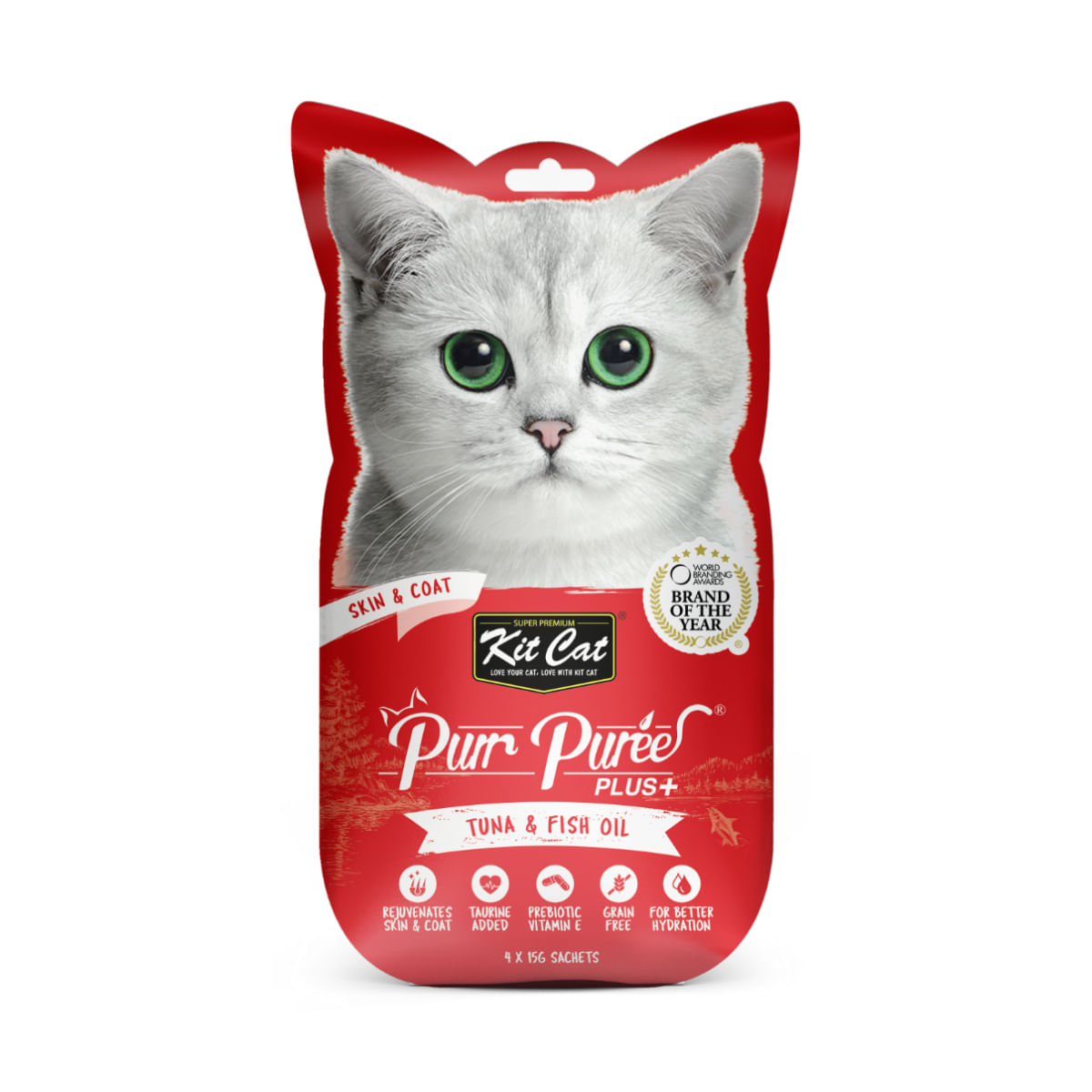 KIT CAT Purr Puree Plus Skin & Coat, Ton, plic, punguță recompense funcționale fără cereale pisici, piele & blană, (piure), 15g x 4buc - 1 | YEO