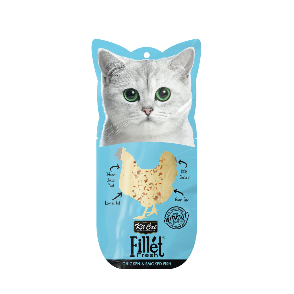 KIT CAT Fillet Fresh, Pui și Pește, plic recompense fără cereale pisici, piele & blană, 30g