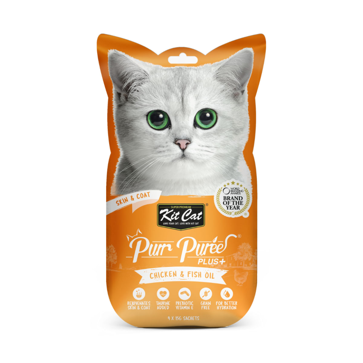 KIT CAT Purr Puree Plus Skin & Coat, Pui, plic, punguță recompense funcționale fără cereale pisici, piele & blană, 15g x 4buc