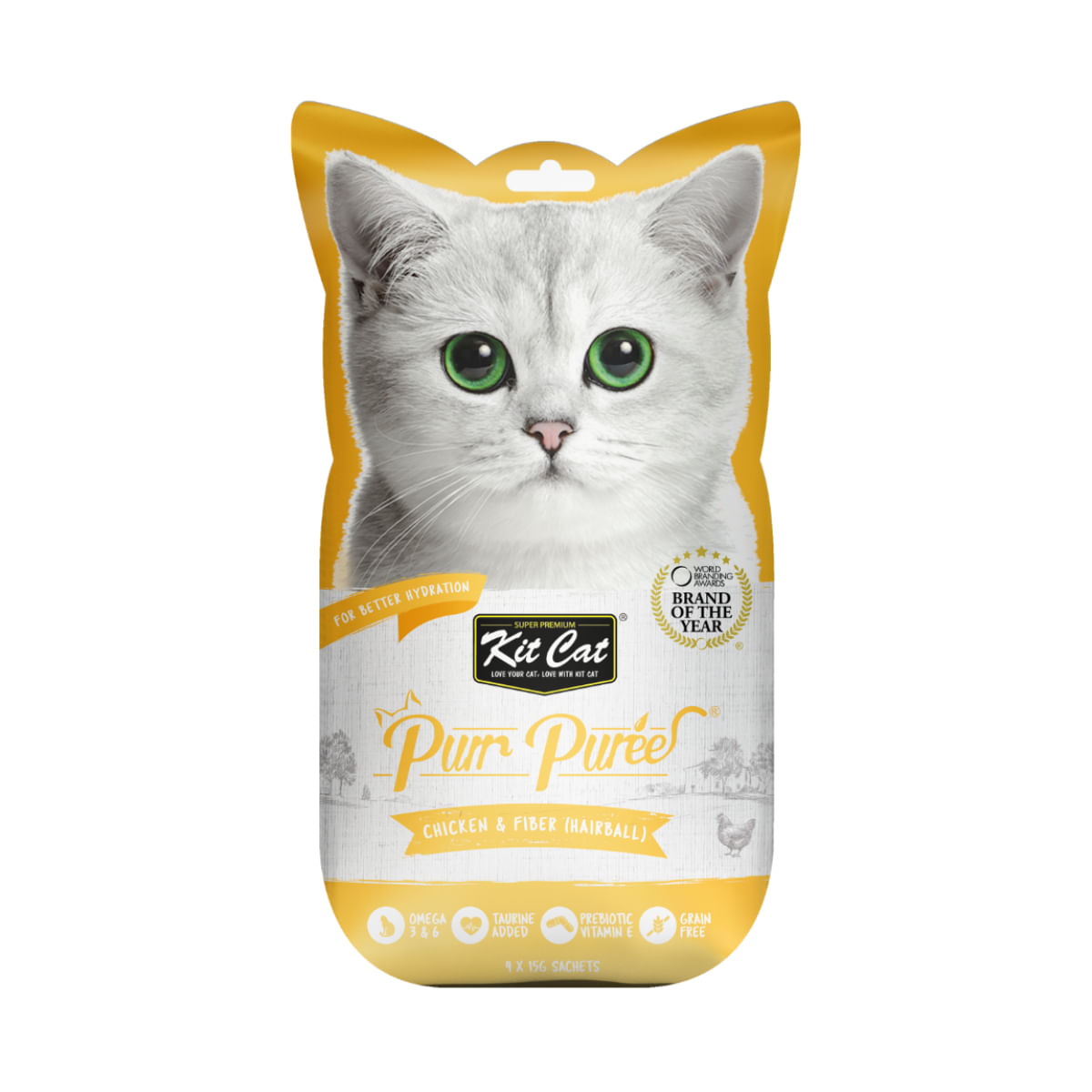 KIT CAT Purr Puree Hairball, Pui, plic, punguță recompense fără cereale pisici, limitarea ghemurilor de blană, (piure), 15g x 4buc