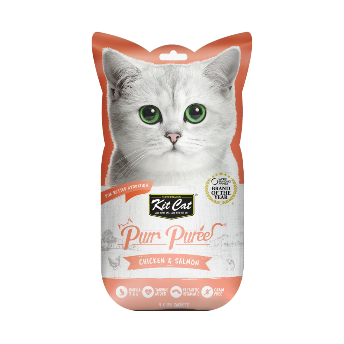 KIT CAT Purr Puree, Pui și Somon, plic, punguță recompense fără cereale pisici, (piure), 15g x 4buc