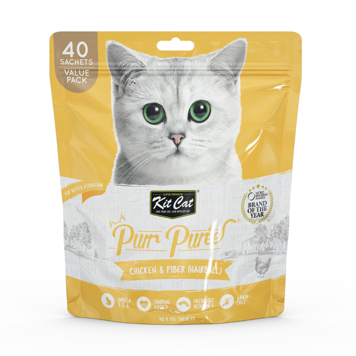 KIT CAT Purr Puree Hairball, Pui, plic, punguță recompense fără cereale pisici, limitarea ghemurilor de blană, (piure), multipack, 15g x 40buc