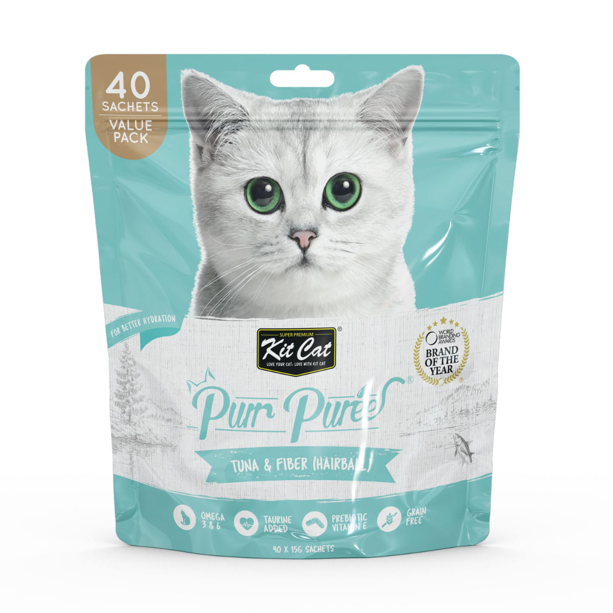 KIT CAT Purr Puree Hairball, Ton, plic, punguță recompense fără cereale pisici, limitarea ghemurilor de blană, (piure), multipack, 15g x 40buc - 1 | YEO