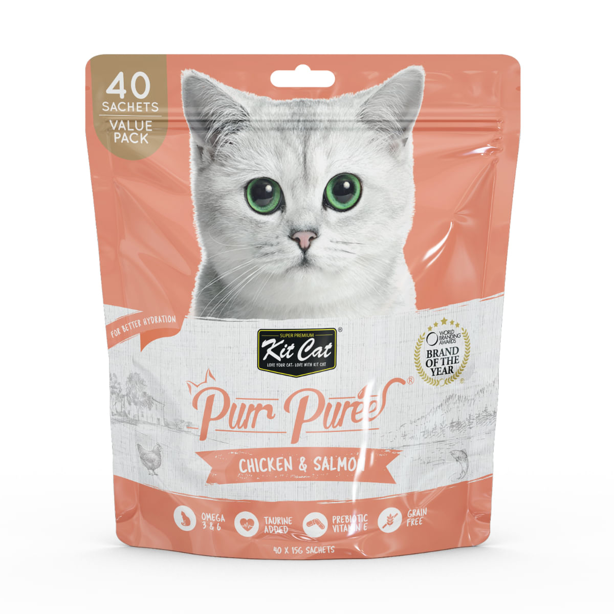 KIT CAT Purr Puree, Pui și Somon, plic, punguță recompense fără cereale pisici, (piure), multipack, 15g x 40buc