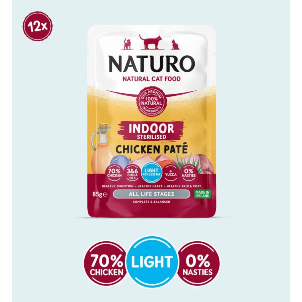NATURO Indoor Sterilised, Pui, plic hrană umedă fără cereale pisici sterilizate, (pate), 85g
