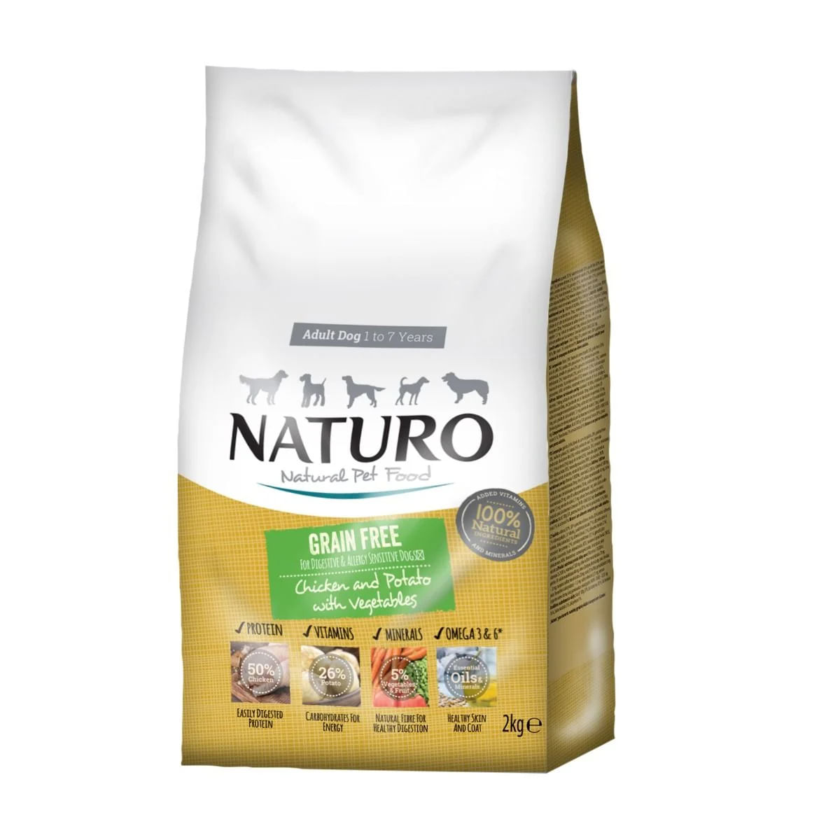 NATURO, XS-XL, Pui și Cartofi, hrană uscată fără cereale câini, sistem digestiv & probiotice, 2kg