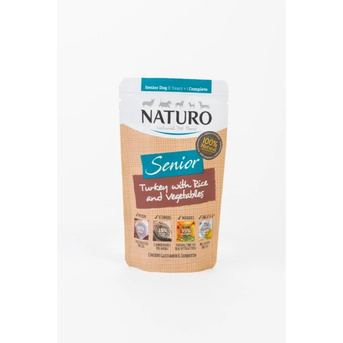 NATURO Senior, XS-XL, Curcan și Orez, plic hrană umedă câini senior, (în suc propriu), 150g