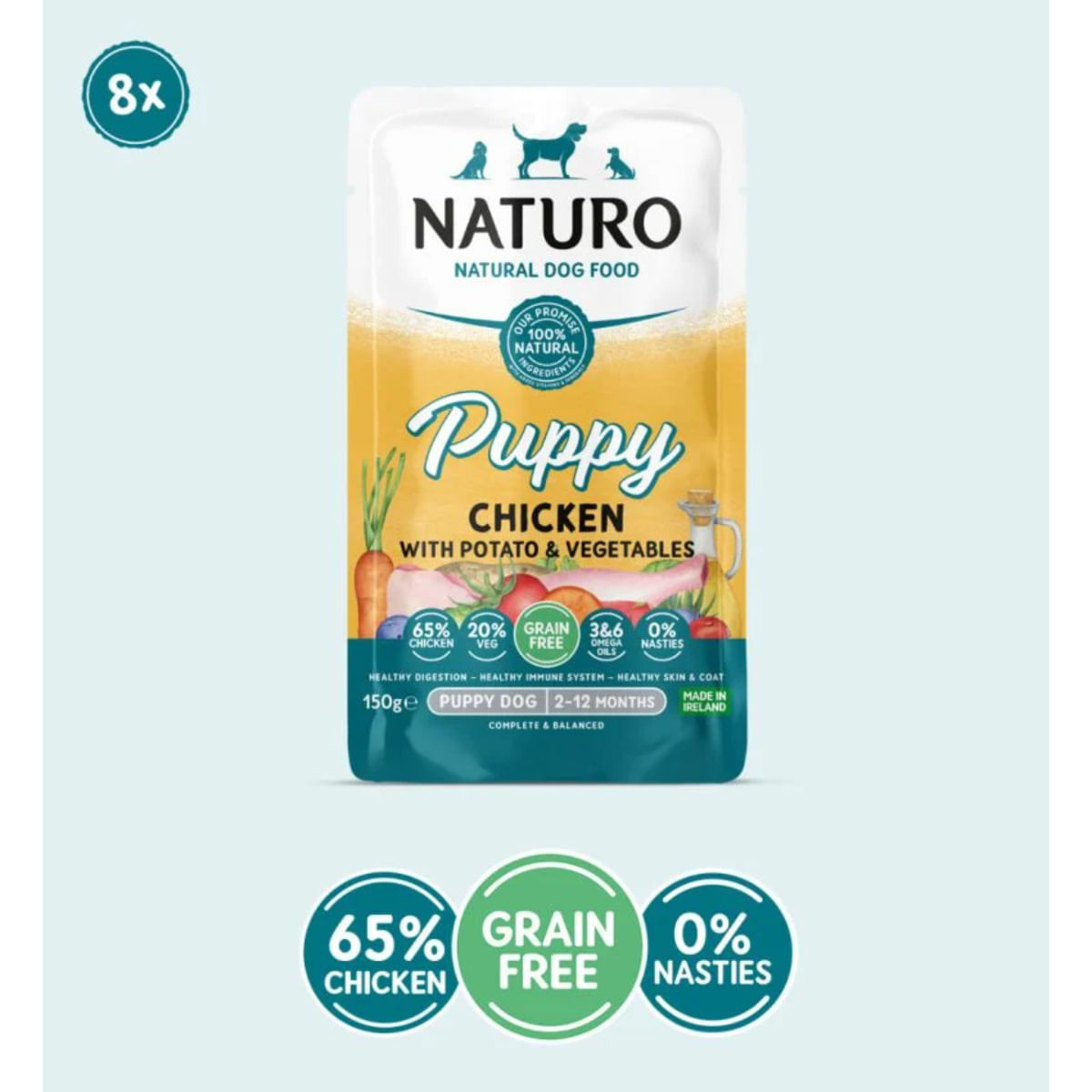 NATURO Puppy, XS-XL, Pui, plic hrană umedă fără cereale câini junior, (în suc propriu), 150g