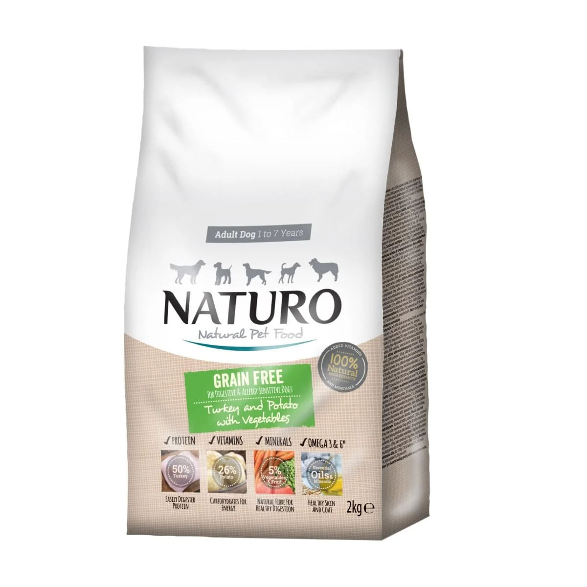 NATURO, XS-XL, Curcan și Cartofi, hrană uscată fără cereale câini, sistem digestiv & probiotice, 2kg