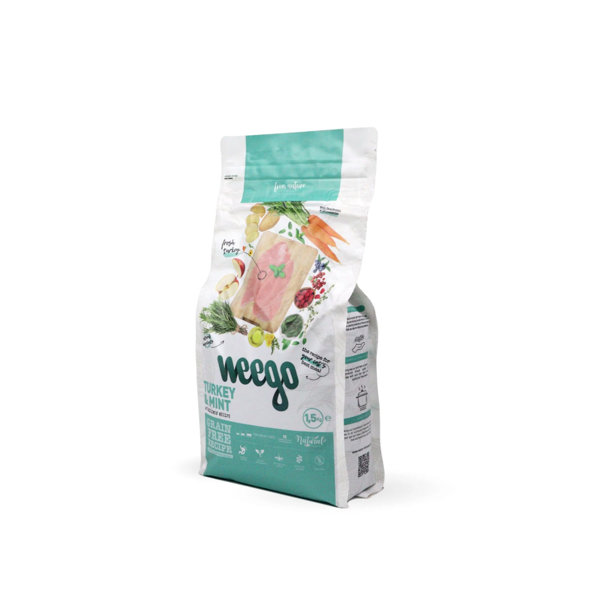 WEEGO Sterlised Senior & Light Recipe, Curcan și Mentă, hrană uscată fără cereale pisici sterilizate senior, obezitate, 1.5kg