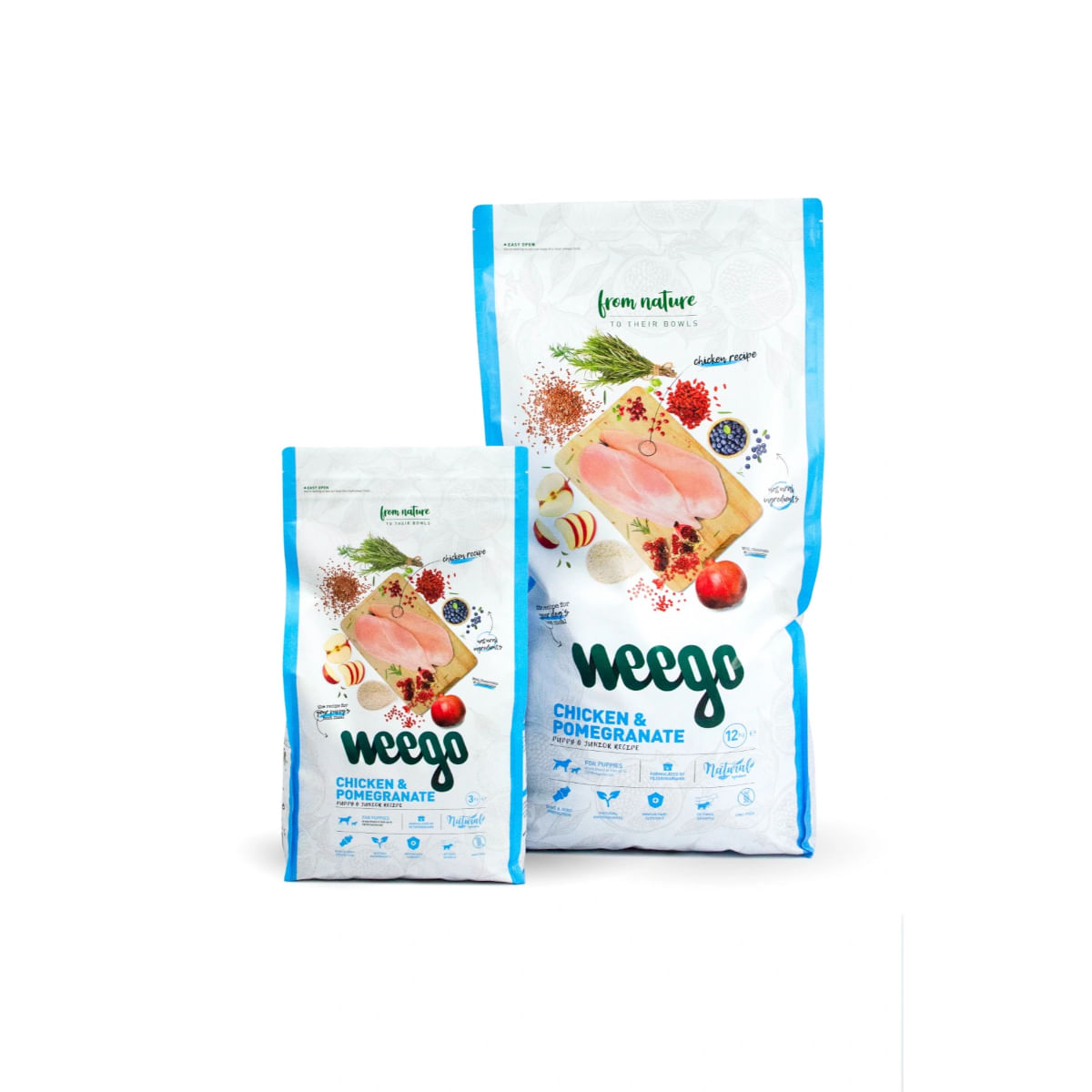 WEEGO Puppy &amp; Junior, XS-XL, Pui și Rodie, hrană uscată câini junior, 3kg