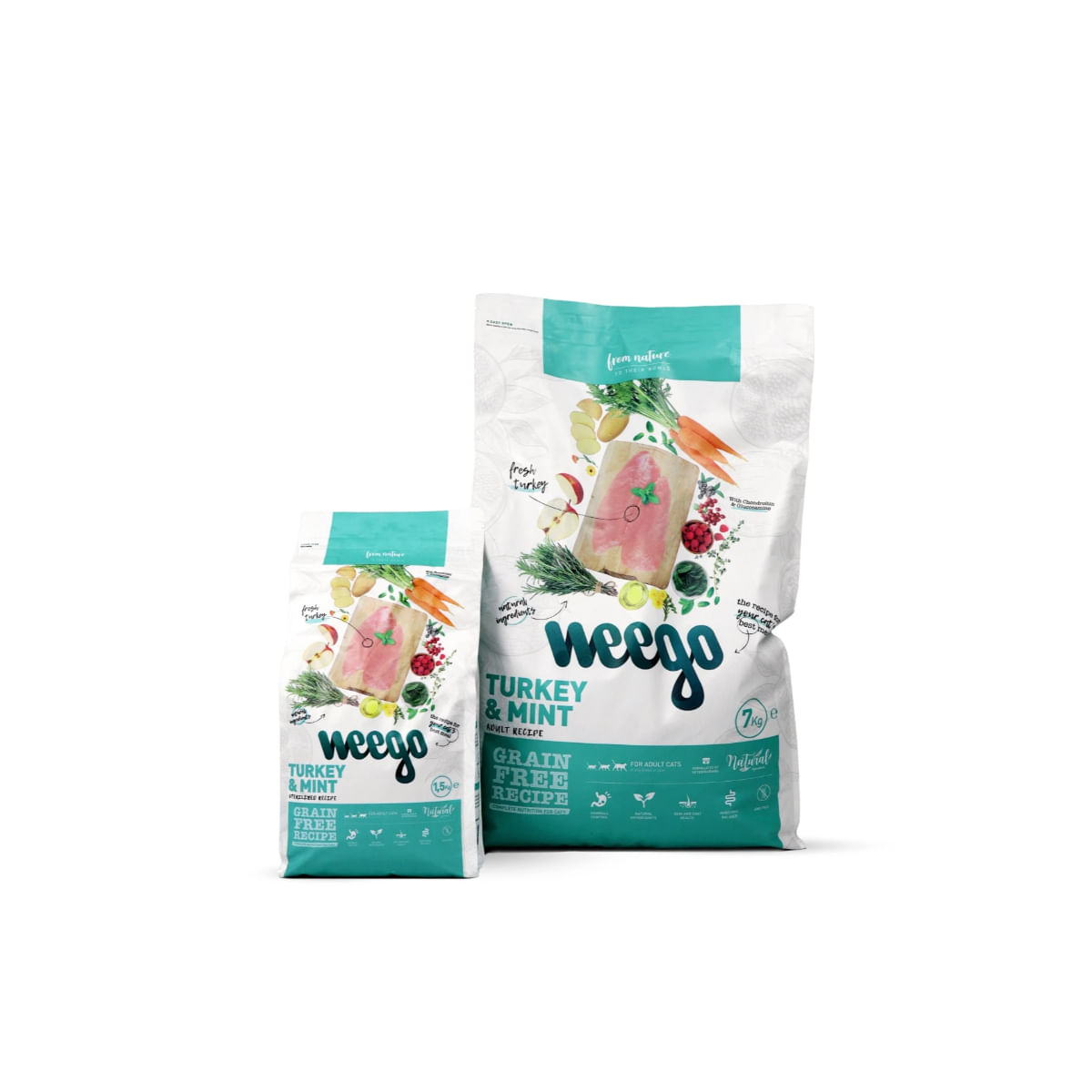WEEGO Sterlised Senior & Light Recipe, Curcan și Mentă, hrană uscată fără cereale pisici sterilizate senior, obezitate, 7kg