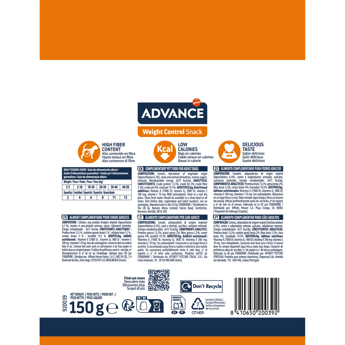 ADVANCE Weigth Control Snack, XS-XL, punguță recompense câini, obezitate, 150g