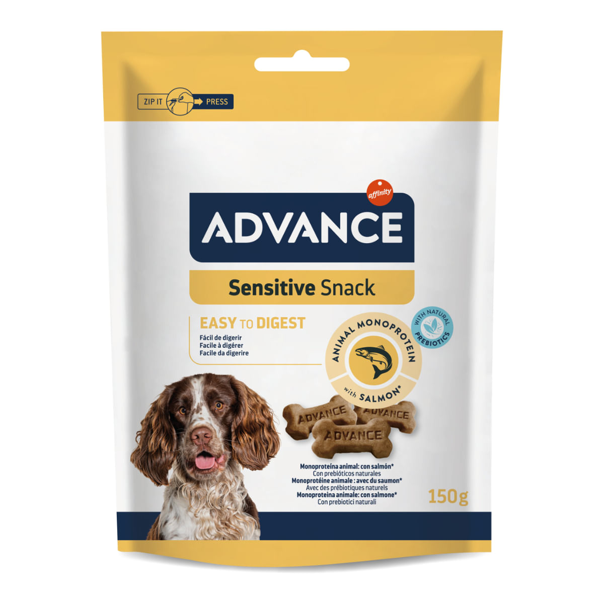 ADVANCE Sensitive Snack, XS-XL, Somon, hrană uscată câini, sistem digestiv, 150g