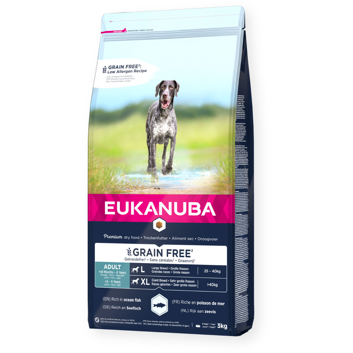 EUKANUBA Grain Free Adult Large Breed, L-XL, Pește, hrană uscată fără cereale câini, 12kg