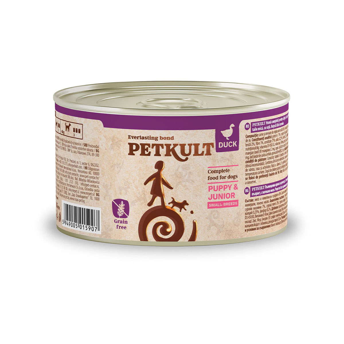 PETKULT Grain Free Mini Junior, Rață, conservă hrană umedă fără cereale câini junior, 185g