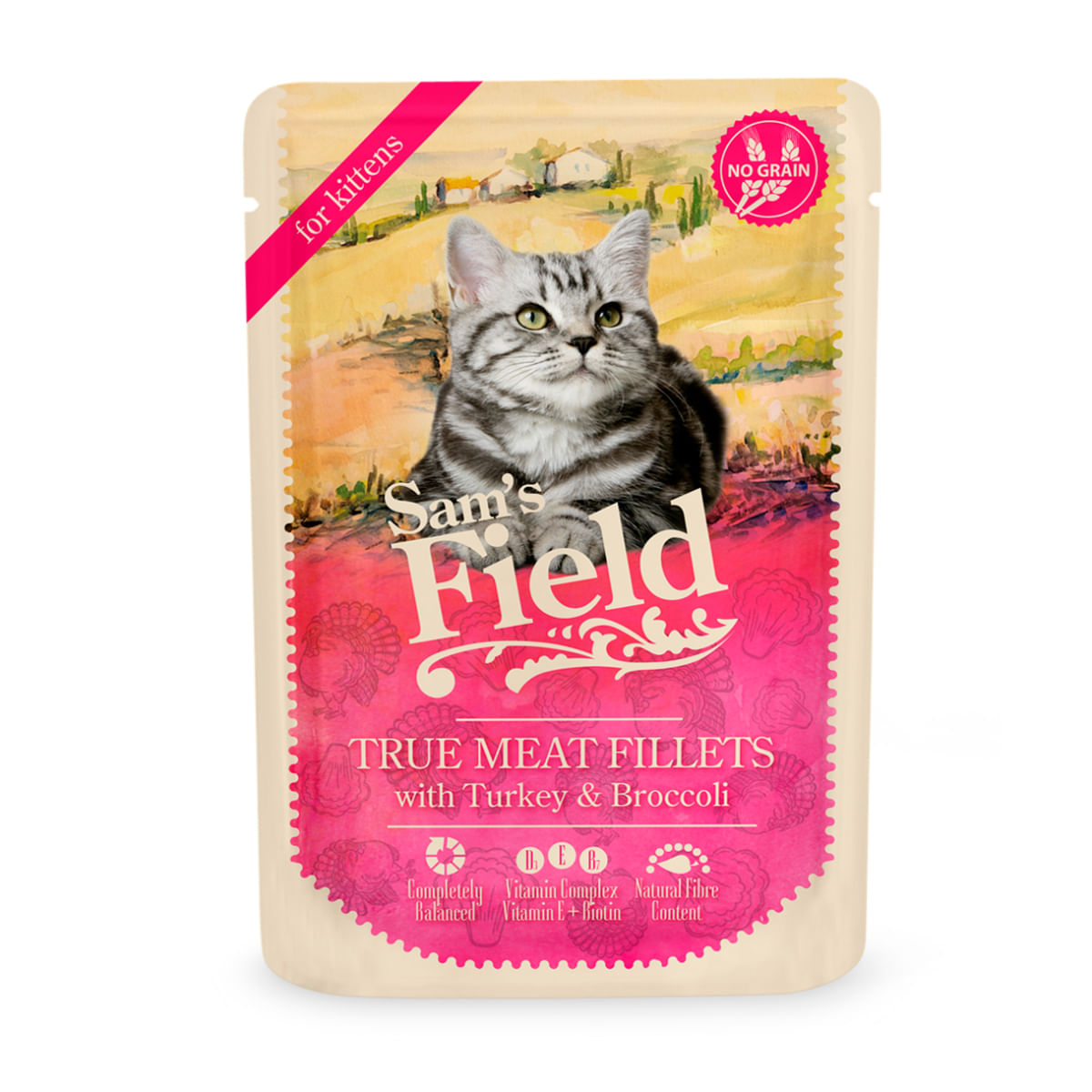 SAM\'S FIELD True Meat Fillets Kitten, Curcan și Broccoli, plic hrană umedă fără cereale pisici junior, (în sos), 85g