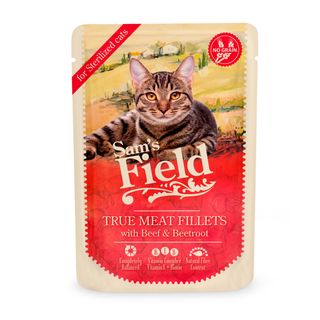 SAM'S FIELD True Meat Fillets Sterilised, Vită, plic hrană umedă fără cereale pisici sterilizate, (în sos), 85g