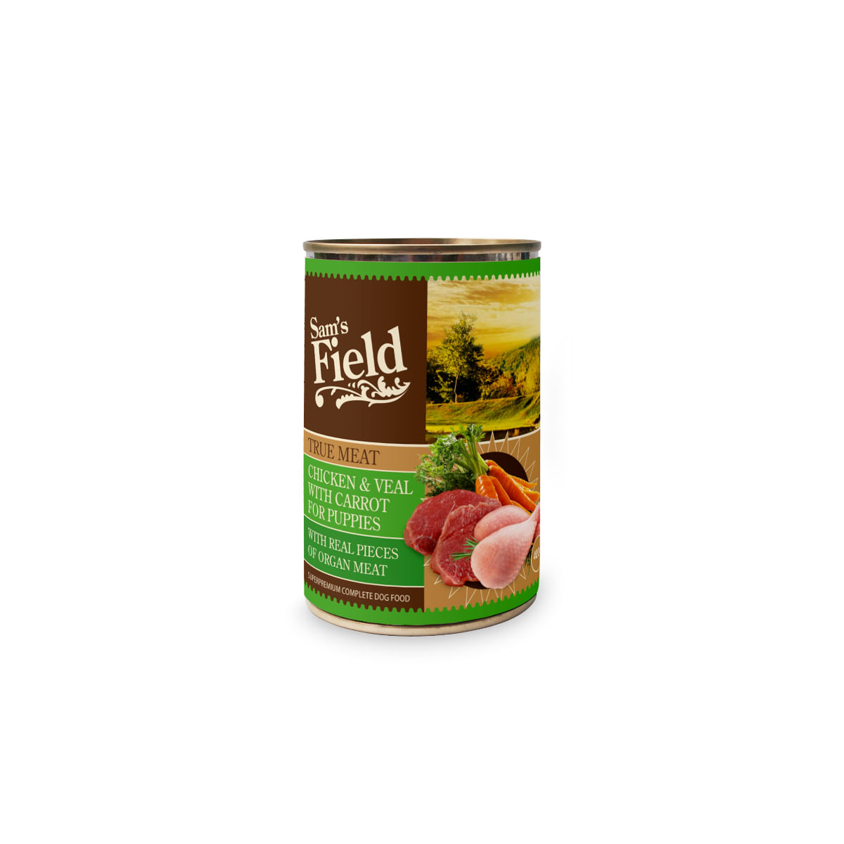 SAM\'S FIELD True Meat For Puppies, XS-XL, Pui și Vițel, conservă hrană umedă fără cereale câini junior, (în aspic), 400g