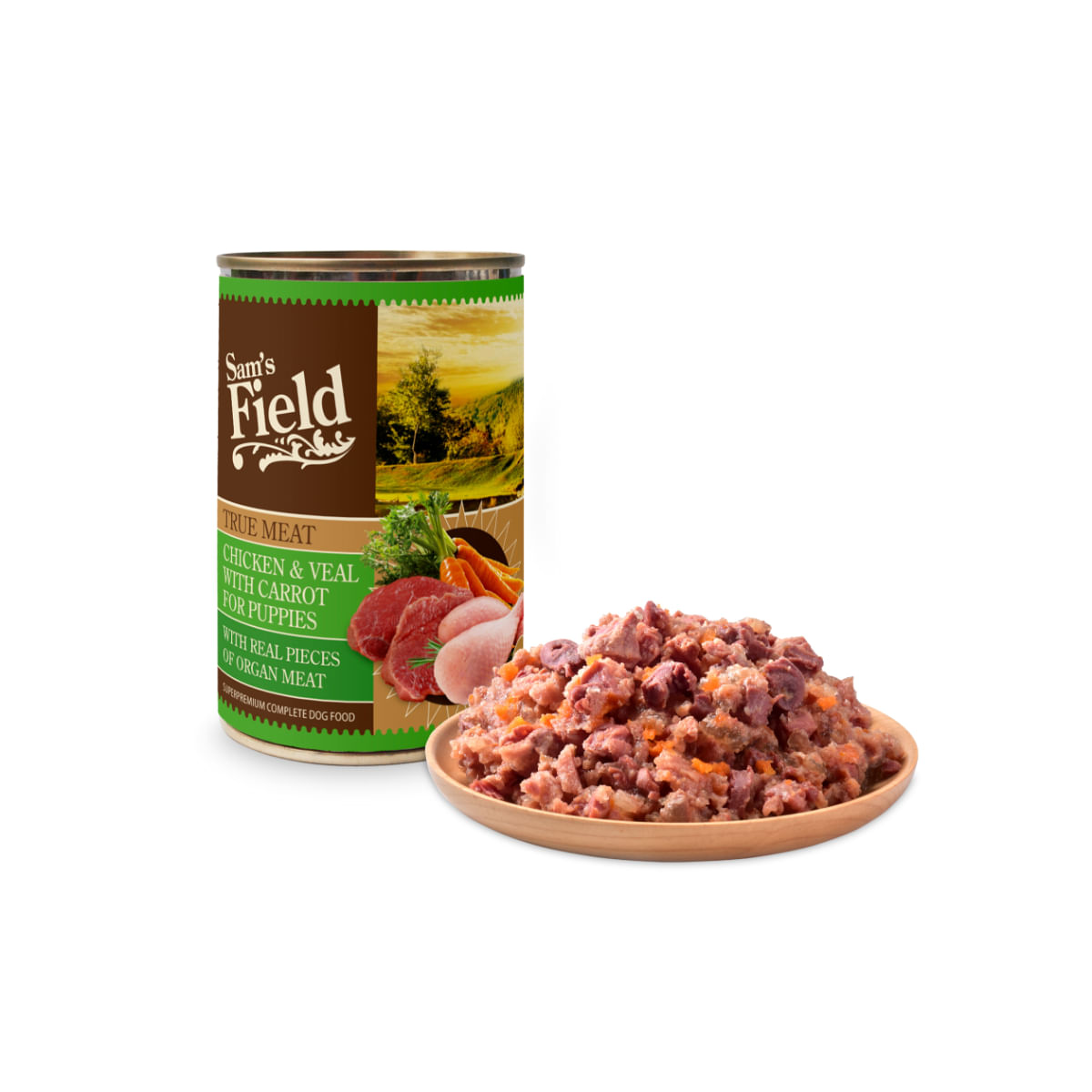 SAM\'S FIELD True Meat For Puppies, XS-XL, Pui și Vițel, conservă hrană umedă fără cereale câini junior, (în aspic), 400g - 2 | YEO