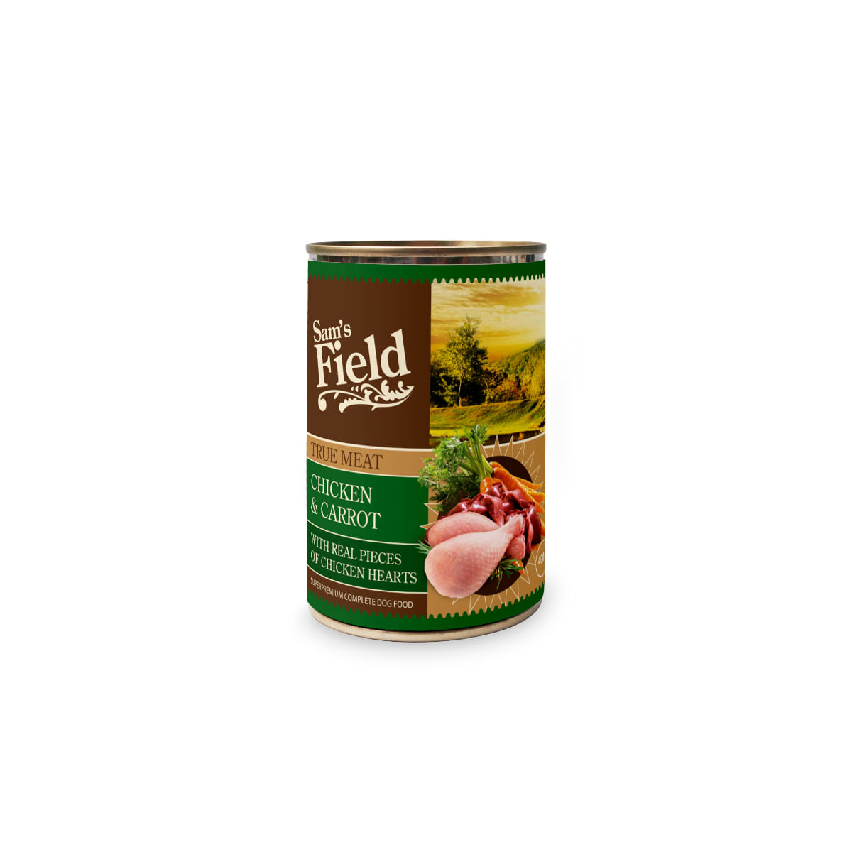 SAM\'S FIELD True Meat, XS-XL, Pui și Morcov, conservă hrană umedă fără cereale câini, (în aspic), 400g