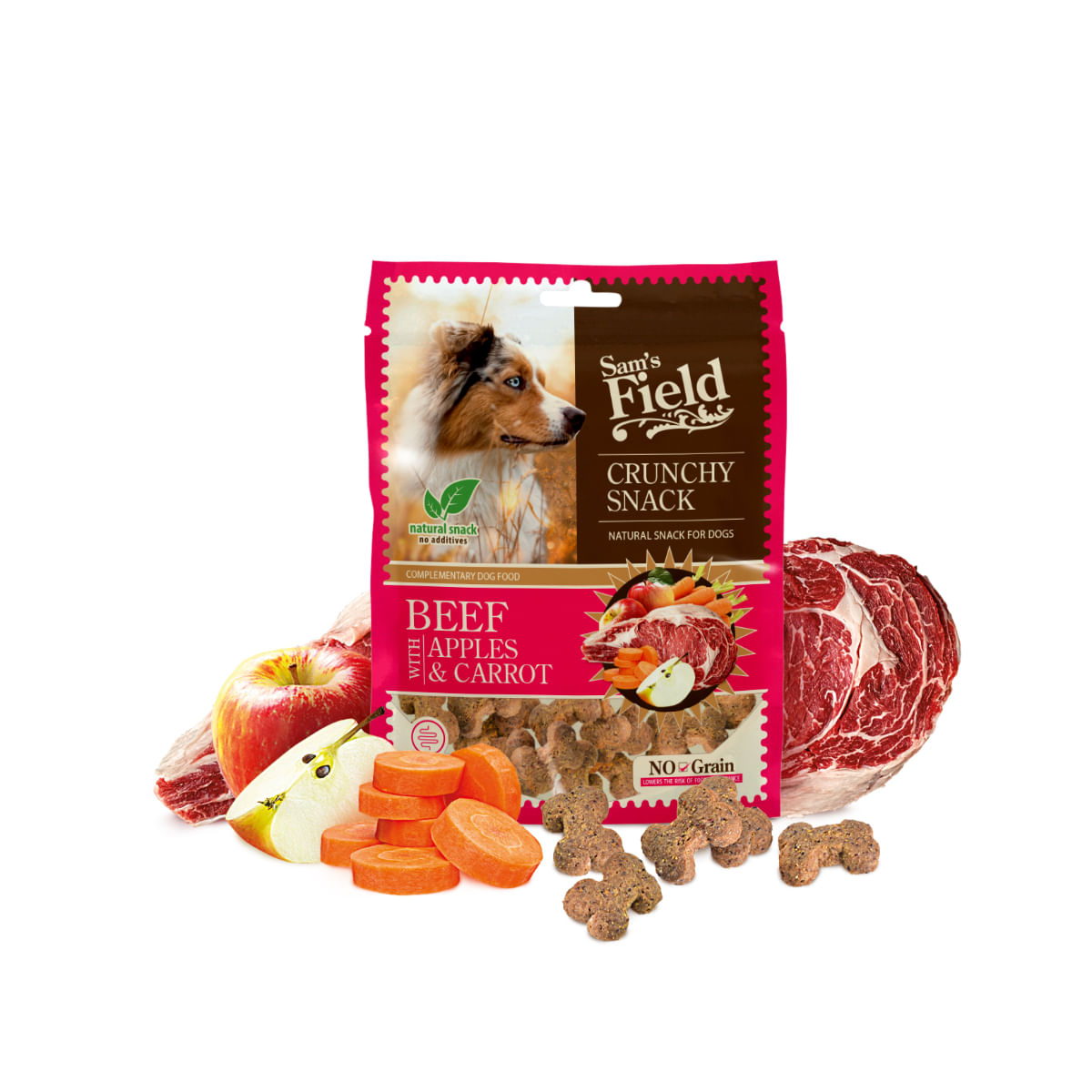 SAM\'S FIELD Crunchy Snack, XS-XL, Vită și Măr, punguță recompense fără cereale câini, 200g - 2 | YEO