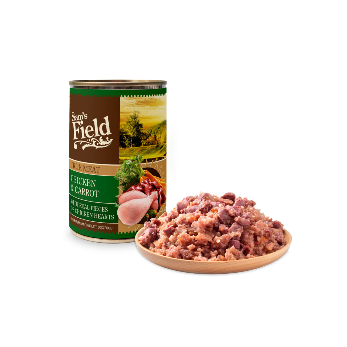 SAM\'S FIELD True Meat, XS-XL, Pui și Morcov, conservă hrană umedă fără cereale câini, (în aspic), 400g - 2 | YEO